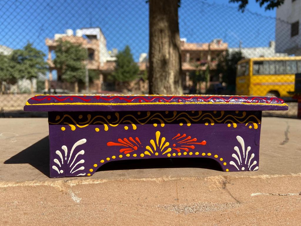 Handmade Colorful Wooden Chowki: Embossed Floral Indian Stool