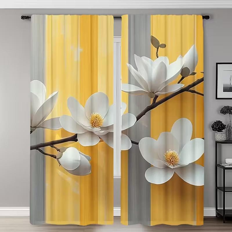 

2 Pcs White Flowers Print Curtains,Suitable For Bedroom,Living Room Kitchen Decoration,Home Decoration,Window Decoration 14Wx59L(35x150CM)x2&Rod Pocket