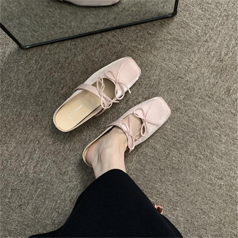 Fairy Style with Skirt Half Slippers Female Outer Wear 2025 Korean Version Bag Head Bow Shallow Mouth Inner Height Increase Sandals