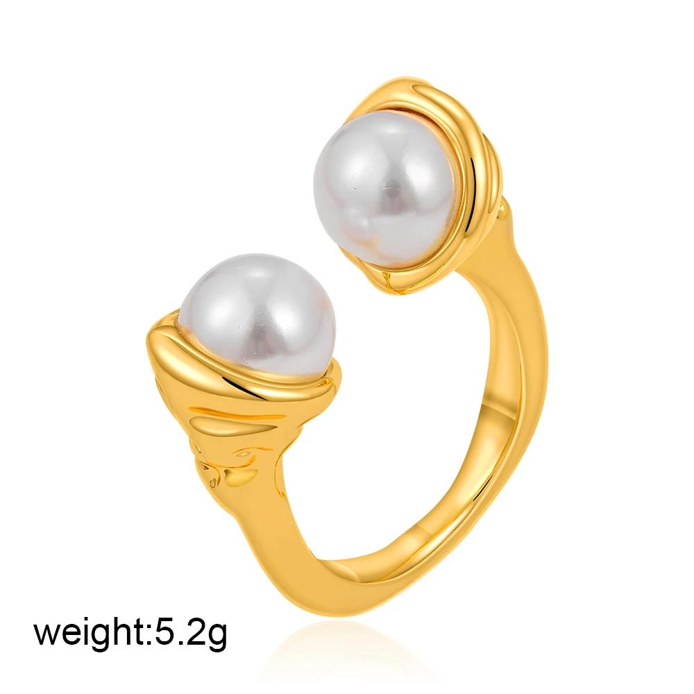 Fashion Imitation Pearl Geometric Open Ring Women Stainless Steel Elegant Gold Plated Stacking Ring High Quality Jewelry Bijoux
