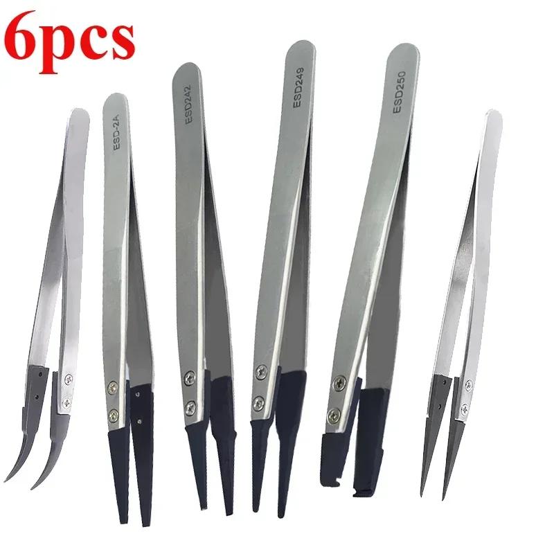 6pcs Watch Hands Installation Work Tweezers Straight Elbow Handle Stainless Antistatic Plastic Tweezers ESD-259 ESD-259A ESD-7A