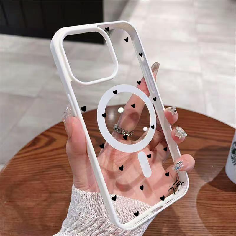 For Wireless Charging Magnetic Phone Case for iPhone 17 13 12 14 15 16 Pro Max 11 16E 16 Plus 17 Air With Black Love Heart Cover