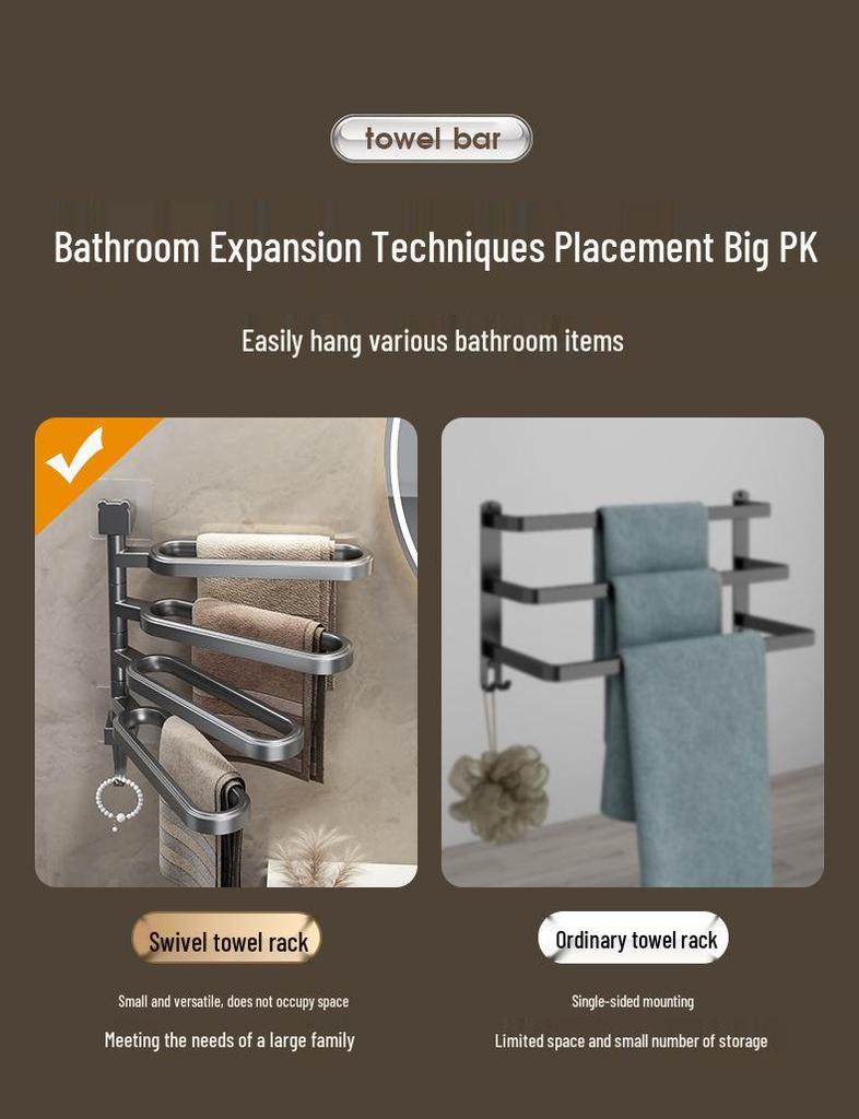 Wall-Mounted No-Drill Rotating Towel Rack and Shelf for Bathroom Storage