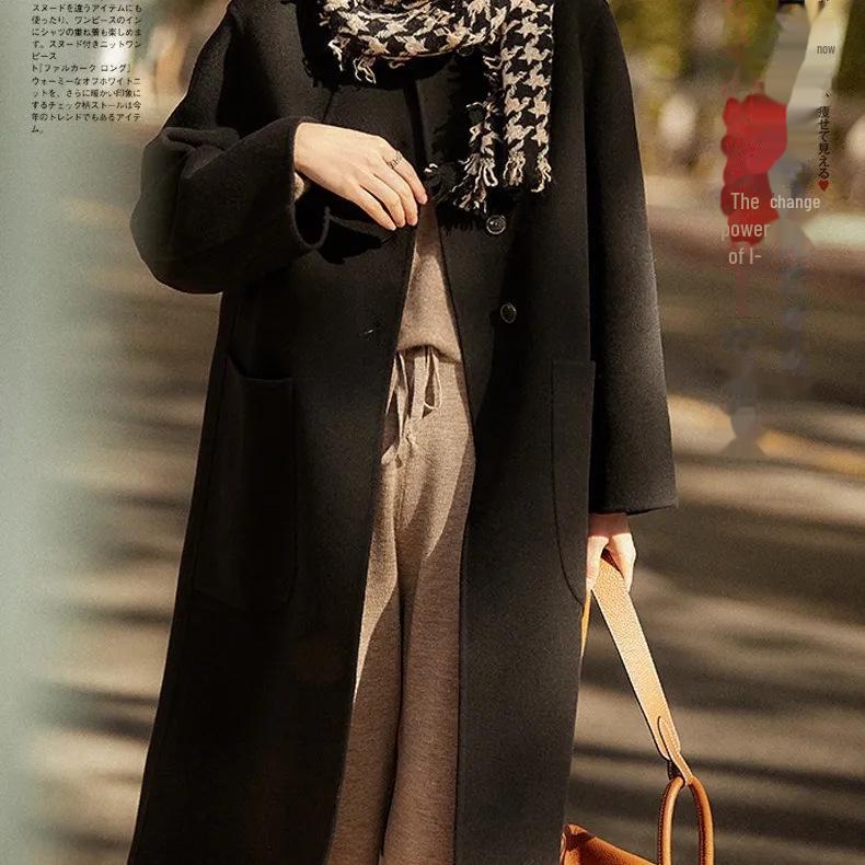 

Женское шерстяное пальто большого размера - среднее/длинное свободное двухстороннее флисовое пальто, новинка осени/зимы 2025 г. 3XL чёрный