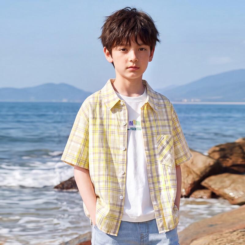 Little Tiger Patty Boys  Retro Yellow Plaid Short Sleeve Shirt 120cm