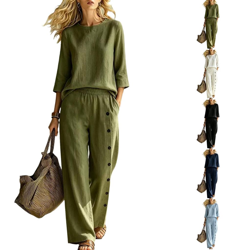 Women's Casual Two-Piece Set with Button Color Loose Fit for Everyday Wear