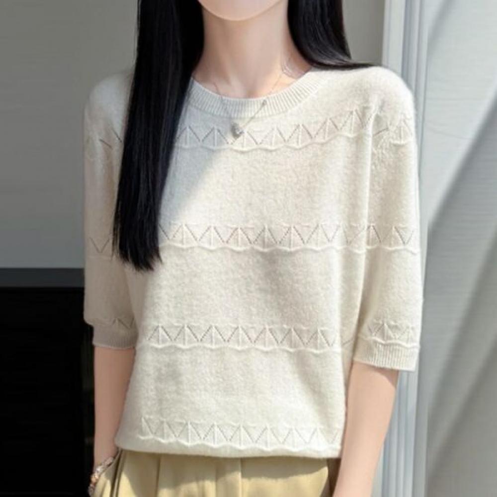 Navava Basic Soft Punching Round Neck 5 Short Sleeve Knit Tee Nk3650