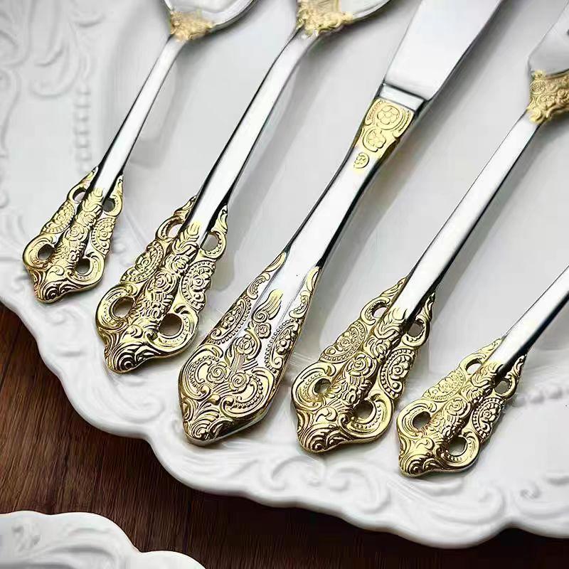 304 Palace tableware knife, fork, spoon set European retro Western tableware steak knife and fork 5-piece gold color/1pc