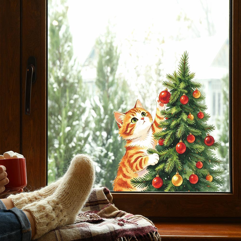 Cartoon Painted Cat Christmas Tree Glass Window Home Decoration and Beautification Window Stickers
