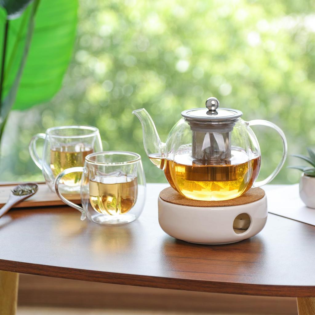 VKCHEF Teapot, Heat-Resistant Glass Kyusu (Kyusu), Transparent, 1000ml Large Capacity, Stainless Steel, with Tea Strainer, Suitable for Direct Heat,