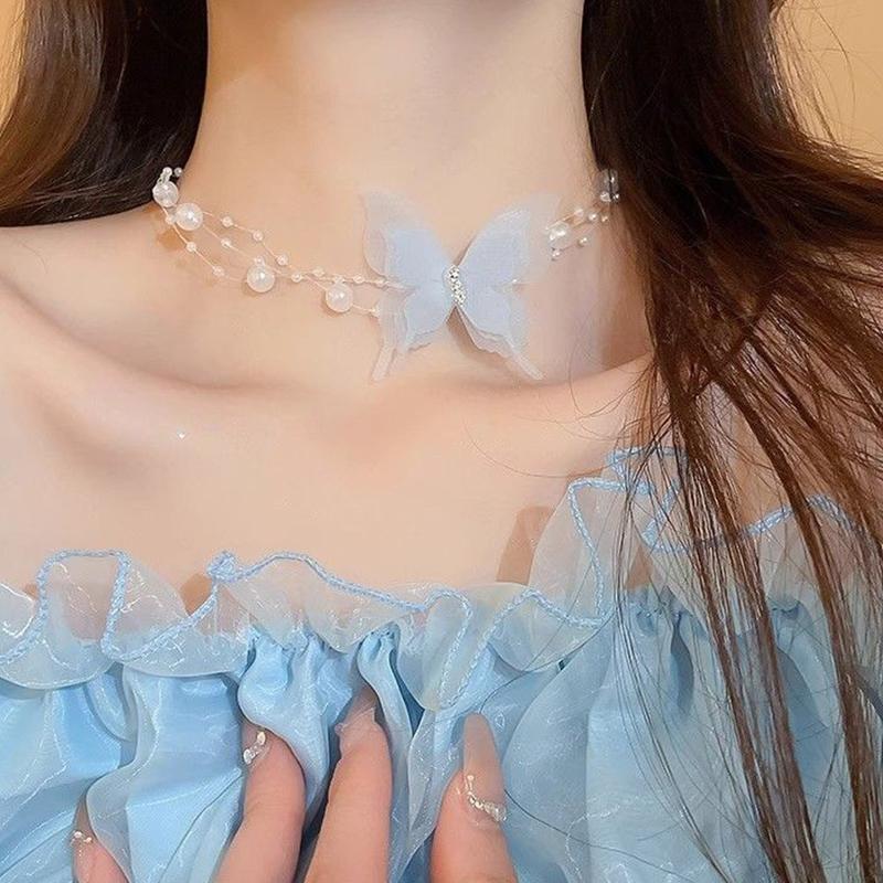 Romantische Vlinder Parel Strik Strikketting Dames Luxe Zijden Lint Zoete Chokers Sleutelbeenketting Temperament Sieraden Cadeau Feest