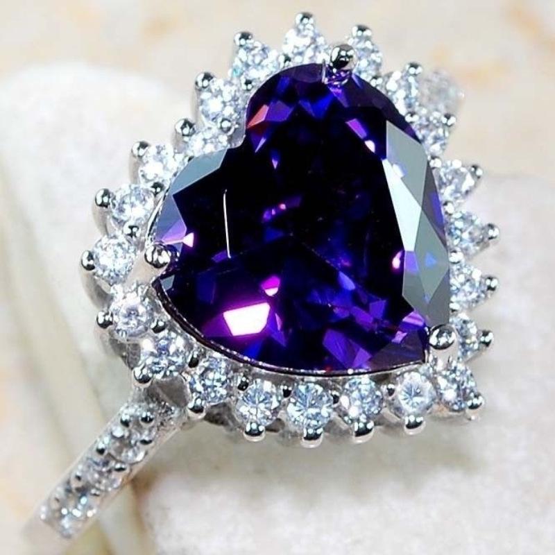 Classic Sweet Romantic Heart Purple Crystal Rings ForWomen Engagement Wedding Ring For Accessories Size 6-10