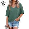 Moda feminina casual verão primavera cor sólida estampa 1/2 mangas com decote em v blusas e camisas