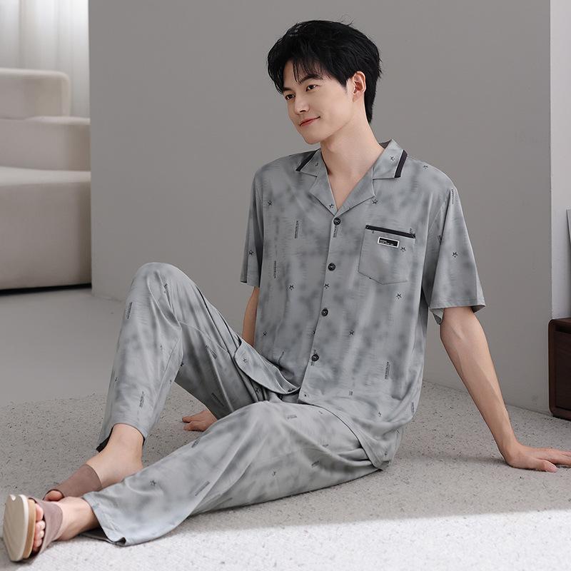 Modal men's pajamas summer thin short-sleeved trousers cold silk cool casual large size dad loungewear set