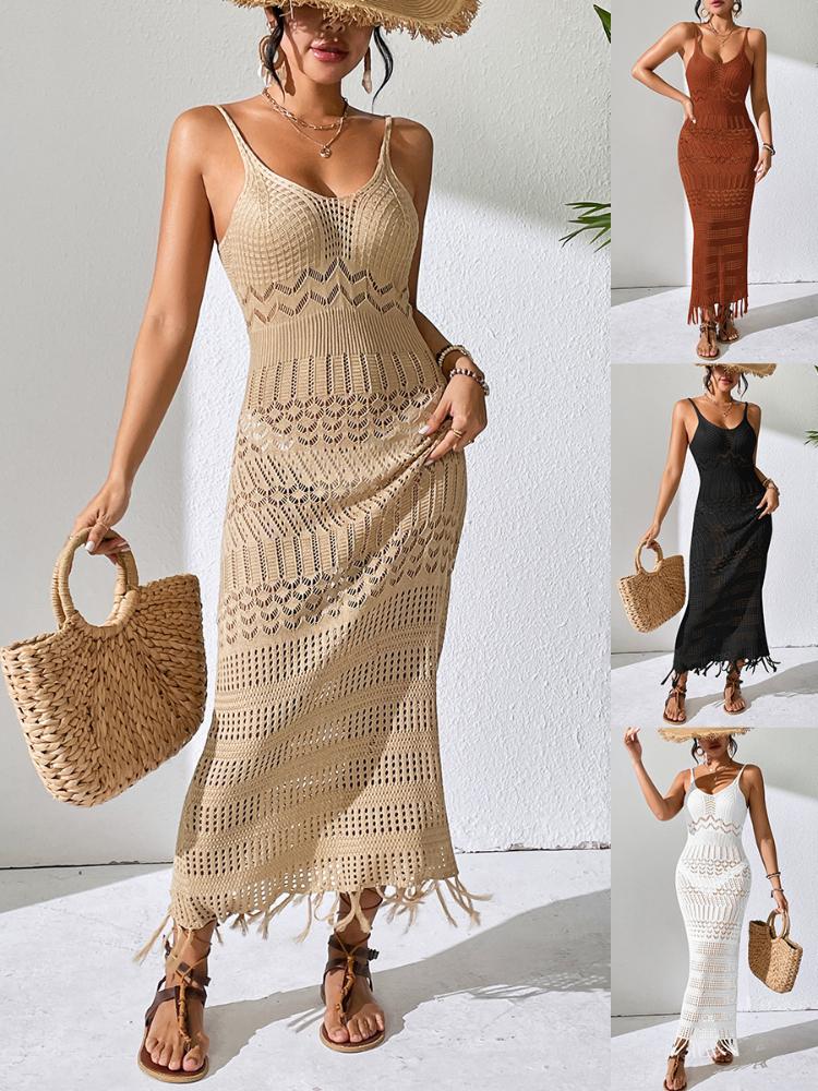 Sexy Hollow Camisole Long Skirt Slim Fit Fringe Beach Skirt Sleeveless Knitted V-neck Camisole Dress