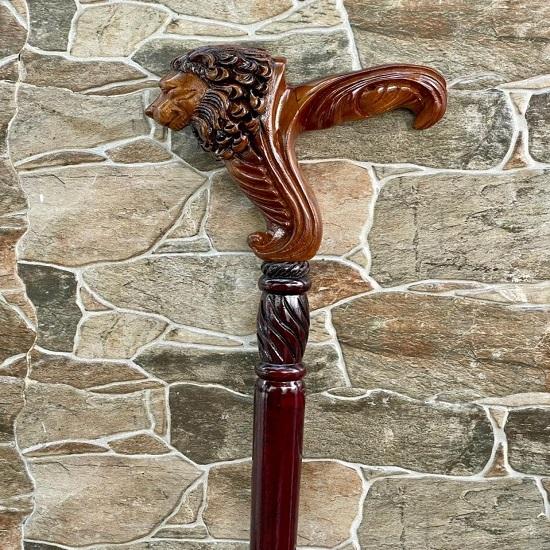 Laska z główką lwa, designerska laska do chodzenia, ręcznie rzeźbiona drewniana laska,