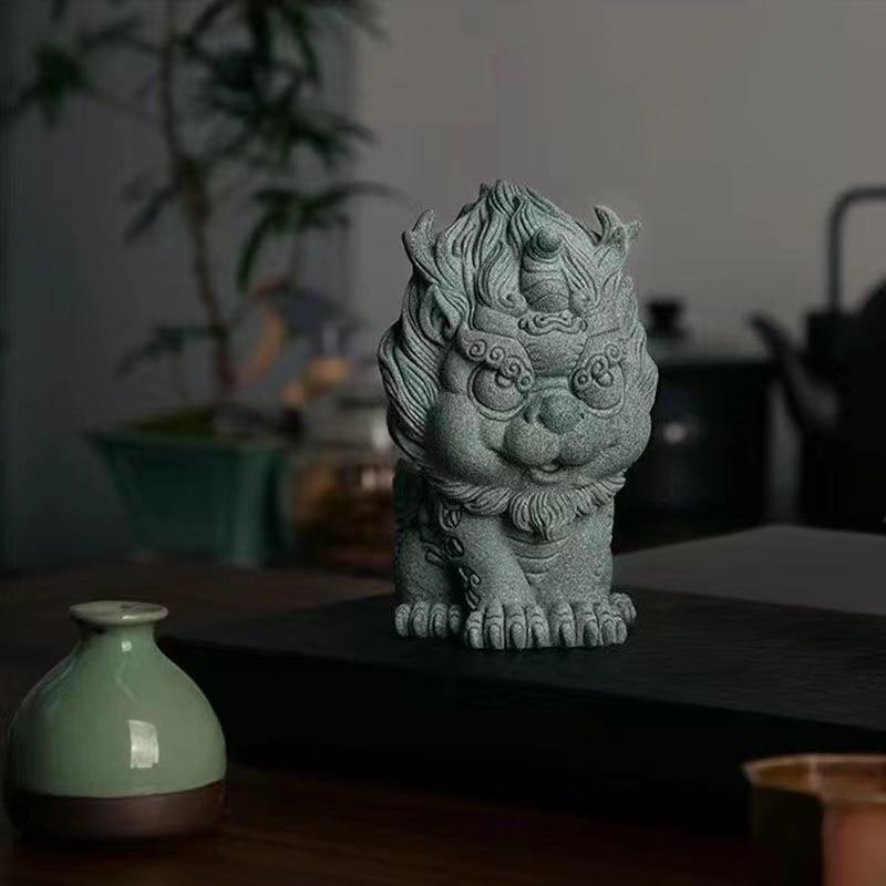 Chinese-style Rui Beast Lucky Kirin Statuette Green Sand Stone Art Sculpture Home Room, Office, Aquarium Feng Shui Decorations