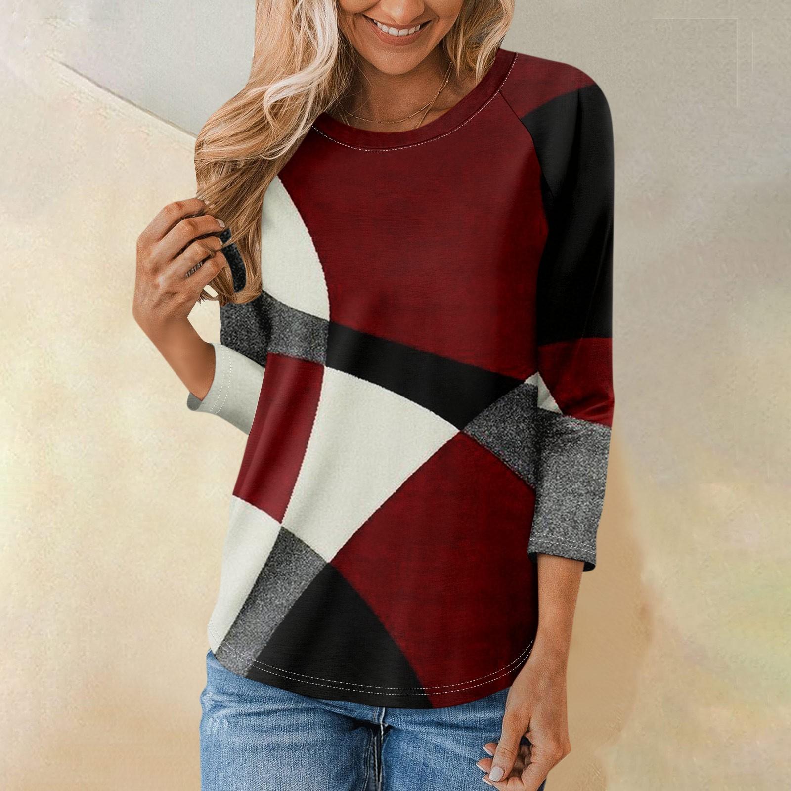 

Женская модная повседневная рубашка с круглым вырезом и рукавами 3/4, свободная футболка с принтом, женский топ M красный