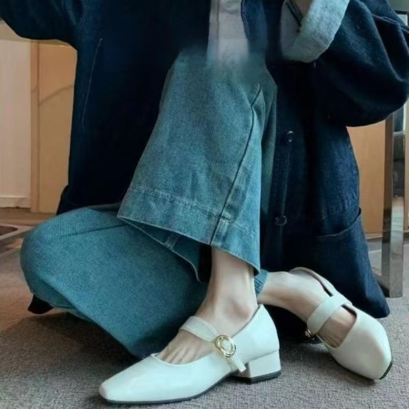 Fashion Women's Low Heel Shoes Spring New Square Head Shallow Mouth Metal Buckle Soft Sole Anti-slip Wear-resistant Low Top Shoes