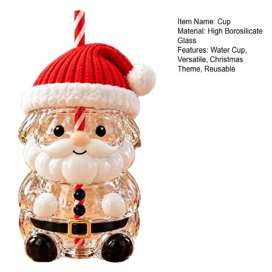 Glass Cup for Party Christmas Santa Straw Cup, High Borosilicate Tumbler, Durable Coffee Mug Home Reusable Drinking Cold Beverages And Festive