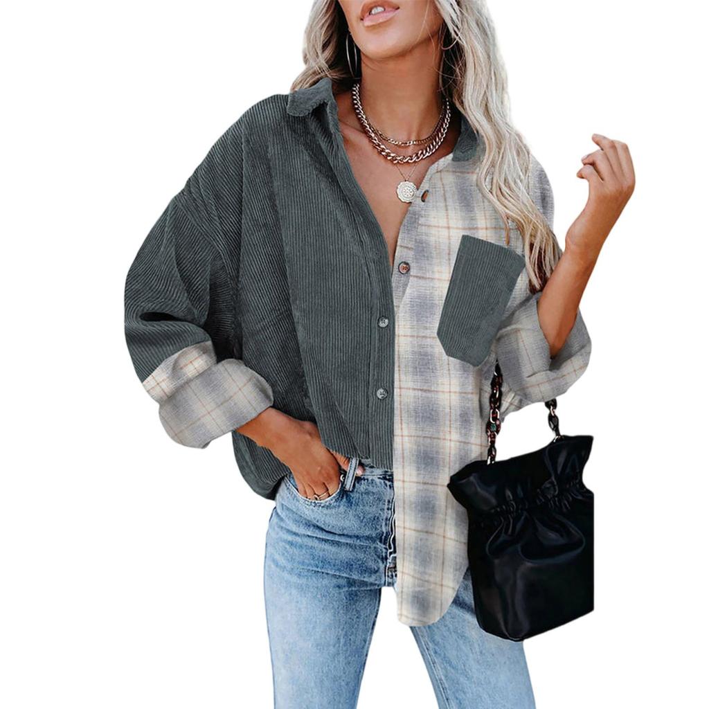 Women's Plaid Shirt Long Sleeved Loose Pocket Shirt Jacket