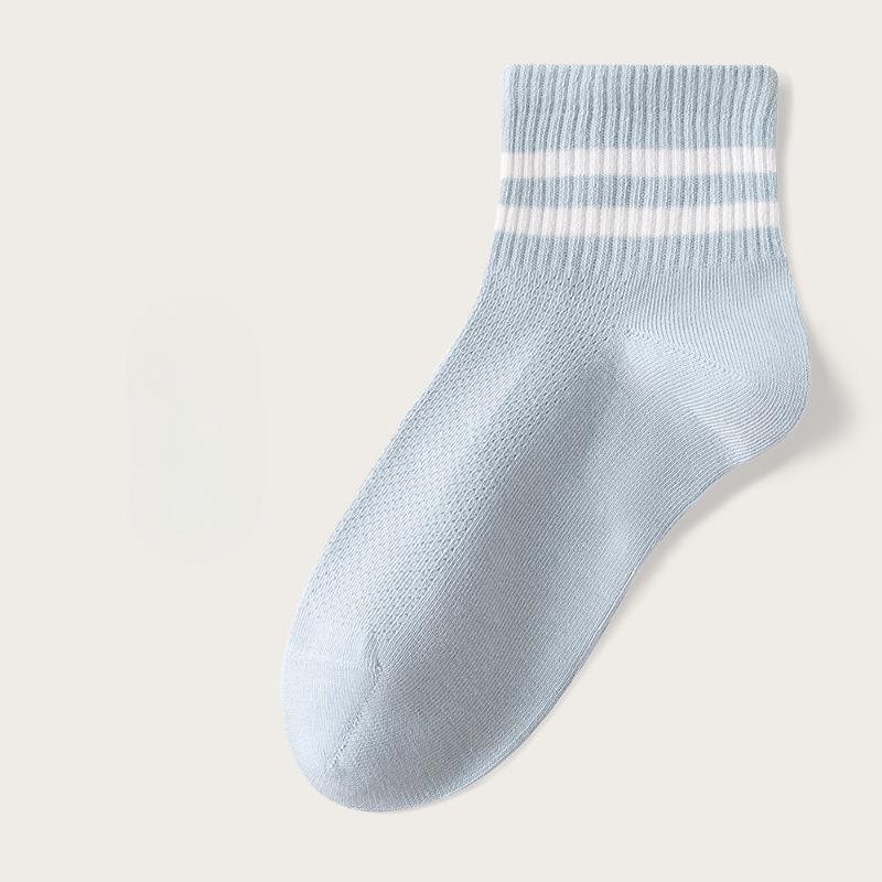 Pure Cotton Women's Spring and Summer Mid-calf Socks, White Striped Mesh Breathable Antibacterial Socks, Boneless Socks, All-cotton Socks