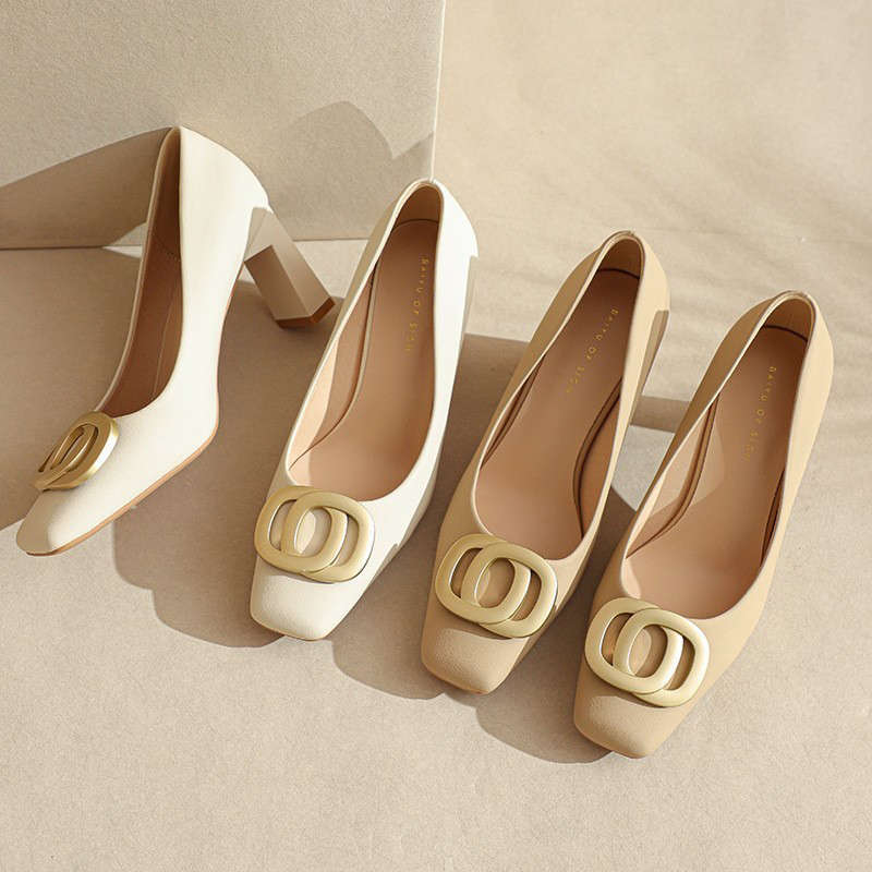 Square head high heels women's thick heels new spring and autumn white niche temperament professional single shoes