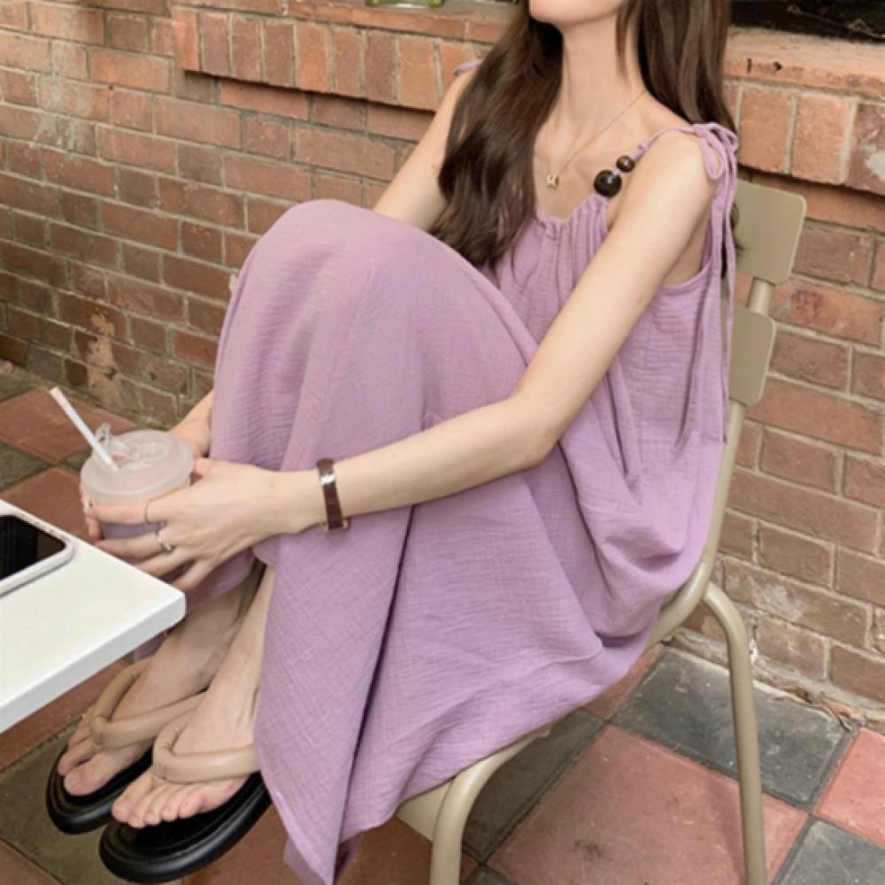 New Arrivals Open Run Women Wrinkle Strap Long Dress Bead String Shirring Chalan