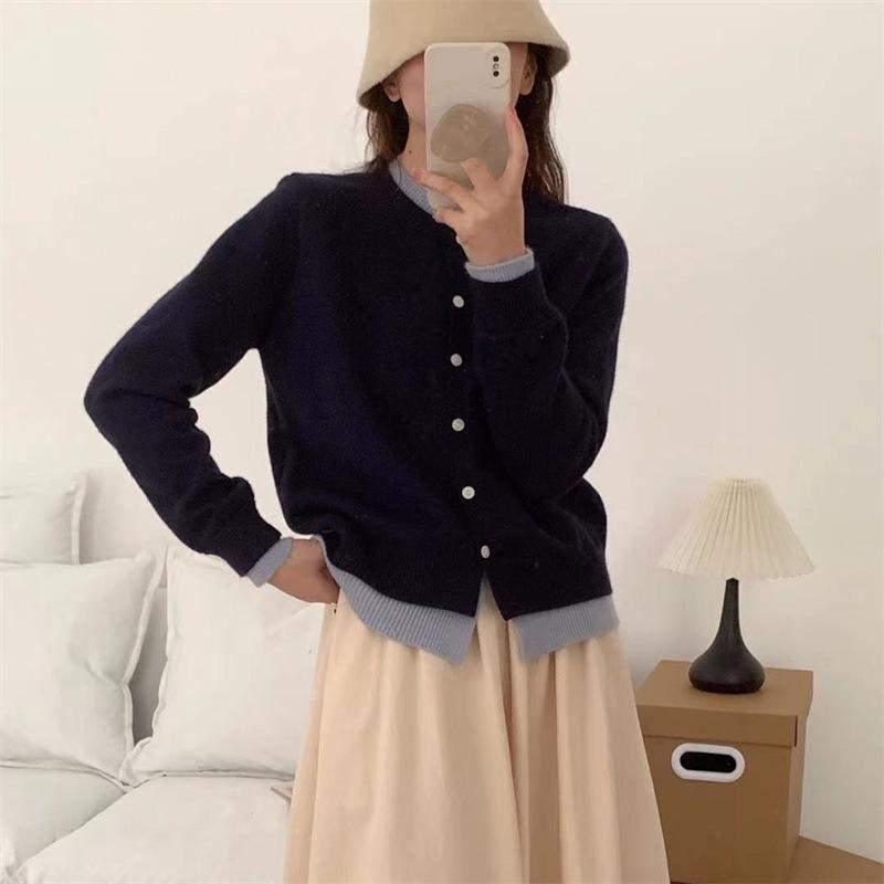 Fake two-piece knitted cardigan sweater jacket women's autumn crew neck slim-fitting versatile design splicing top women