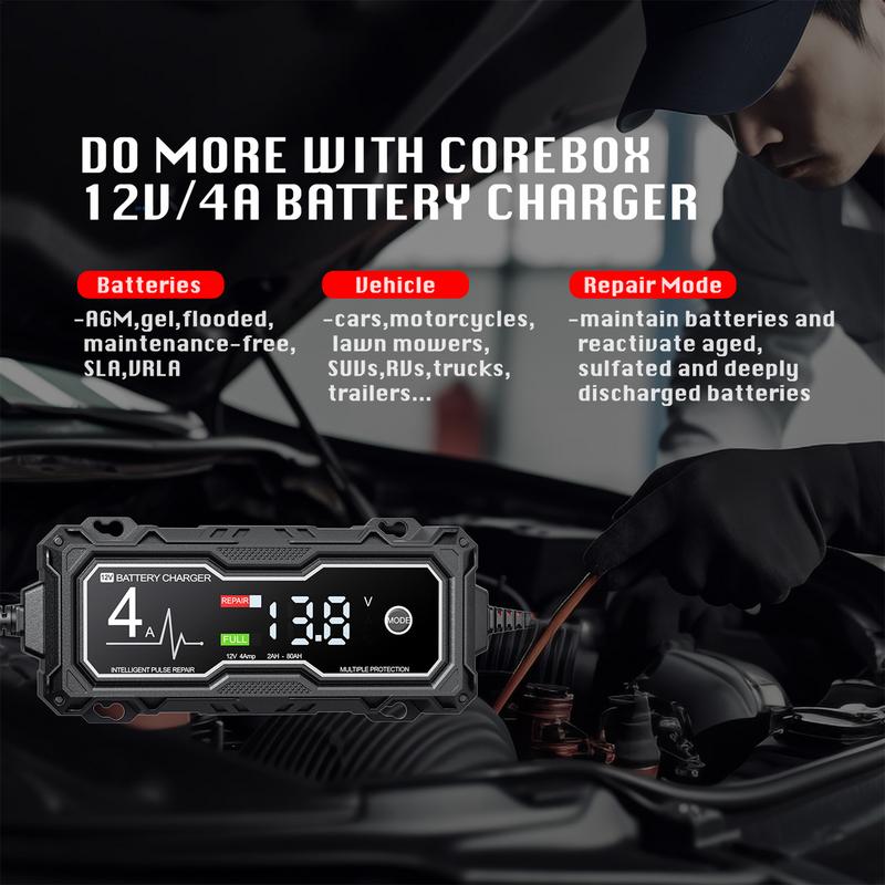 Portable Smart Car Battery Charger 12V 4A Motorcycle Truck Car Battery Fully Auto Repair Maintainer with LED Display