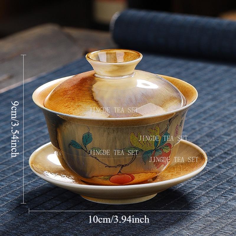 140ml Handbemalte Drei-Talente-Schale mit Deckel Keramik Landschaft Chinesischer Stil Teeschale Chinesischer Haushalt Unterglasurfarbene Teeschale
