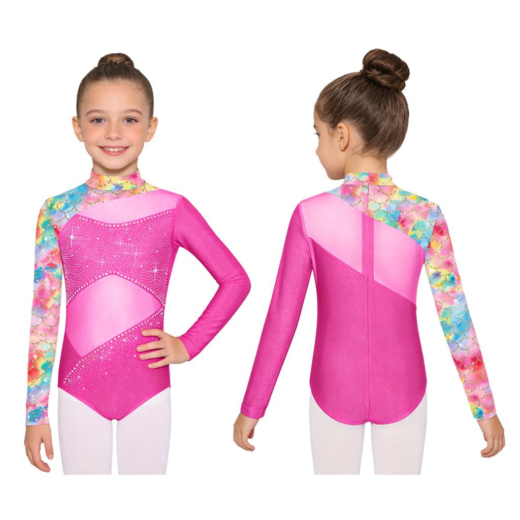 Kids Girls Performance Leotard: Long Sleeve Mock Neck with Mesh Patchwork & Butterfly Print Rhinestone Bodysuit Back Zipper