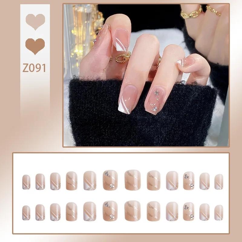 Press On Acrylic Fake Nails Set with Glue High Quality Handmade Nail Extension French Tips Woman False Short Nails Press Ons