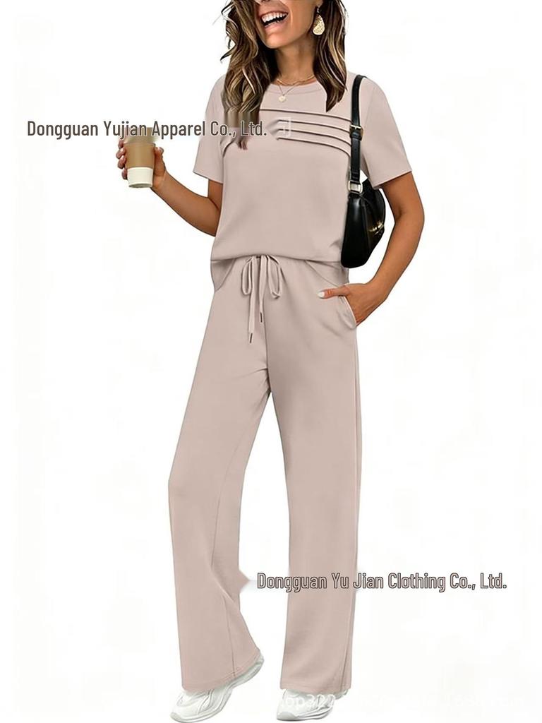 2026 Spring/Summer Women's Set: Short Sleeve Top & Elastic Waist Wide Leg Pants