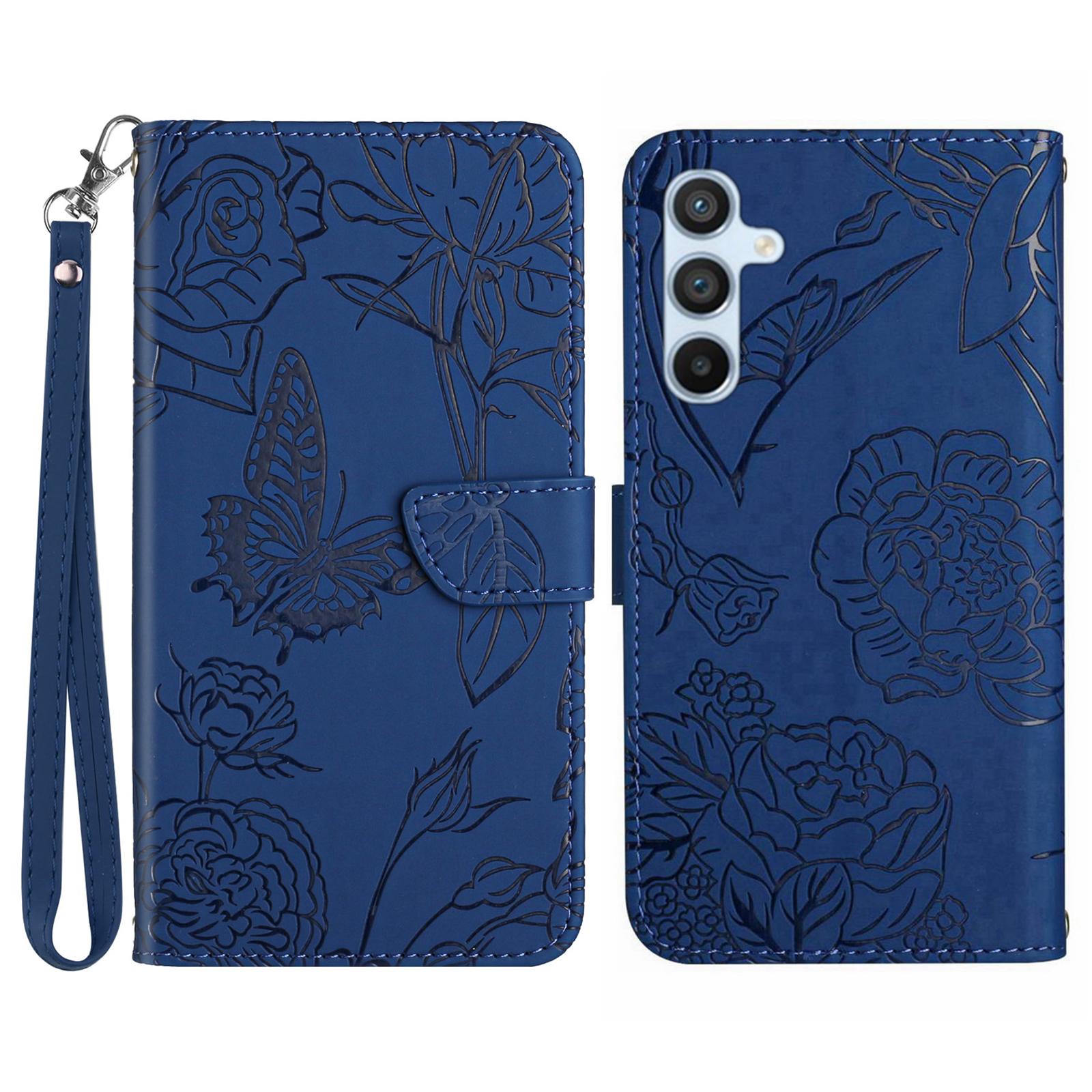 

HT03 For Samsung Galaxy S24 FE Case Butterfly Flower Leather Phone Cover Handbag Blue