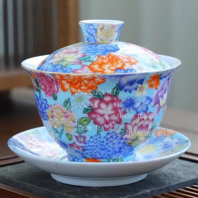 Ceramic Enamel Covered Bowl Chinese Style High-end Kung Fu Tea with Lid Enamel Teaset Cup Dink Porcelain Gaiwan