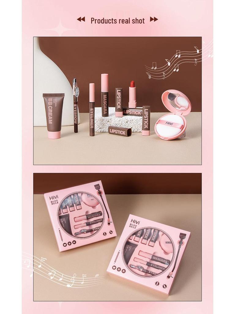 Hivi Cosmetic Gift Set: 9-Piece Makeup Kit with Lipstick, BB Cream, Powder, Mascara, Eyeliner, and Brow Pencil V107A.
