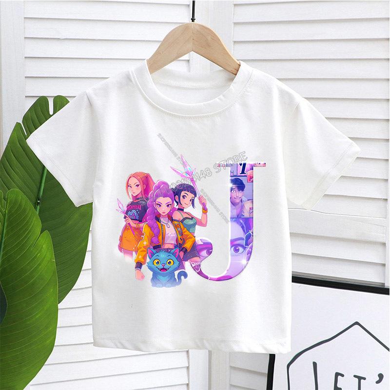 KPop Demon Hunters White T-shirt for Children A-Z Letters Tee Top Cartoon Round Collar Clothes Kids Short Sleeve Clothing Gift