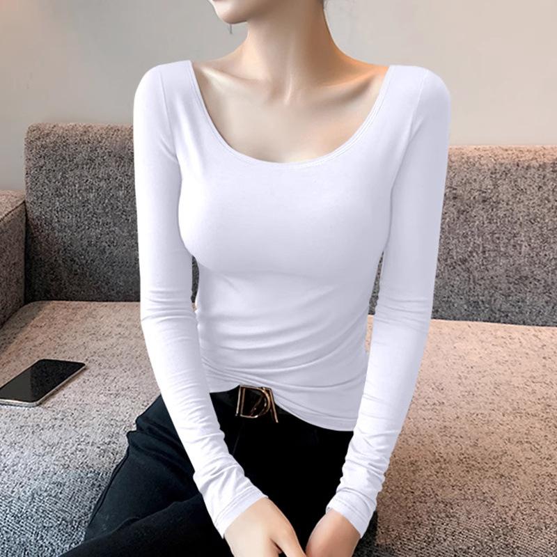 GMXIA Modal Low-cut Base Top for Women In Autumn and Winter with U-neck Long-sleeved T-shirt Texture Slim Top