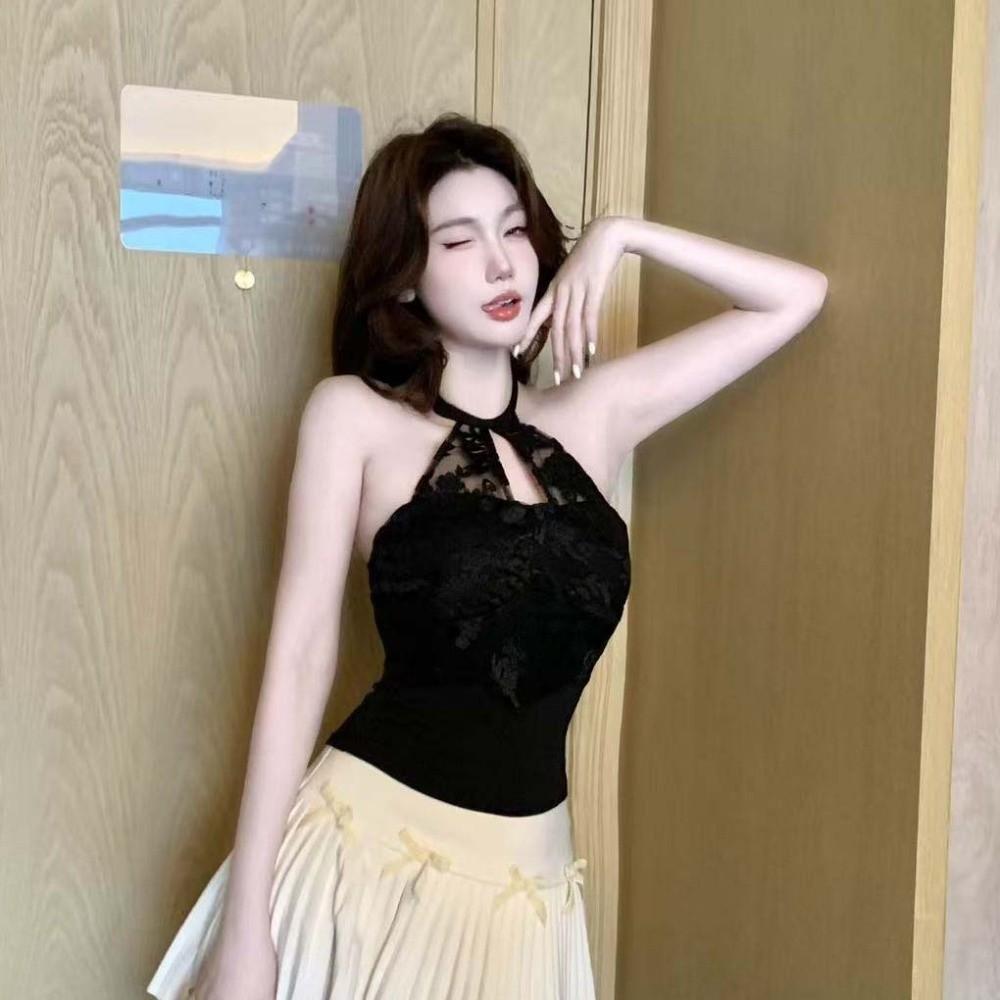 Hollow Splicing Lace Corset Hanging Neck Suspender Vest Fashion Halter Crop Tops  Women