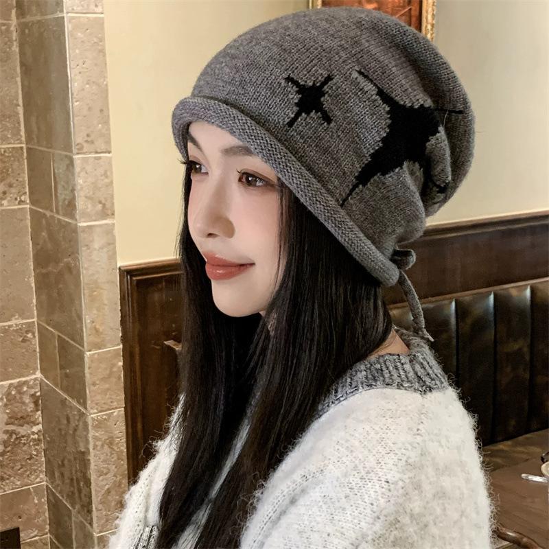 Star Pattern Curling Drawstring Beanies For Women Autumn And Winter Warm Ear Protection Versatile Retro Knitted Pullover Hats