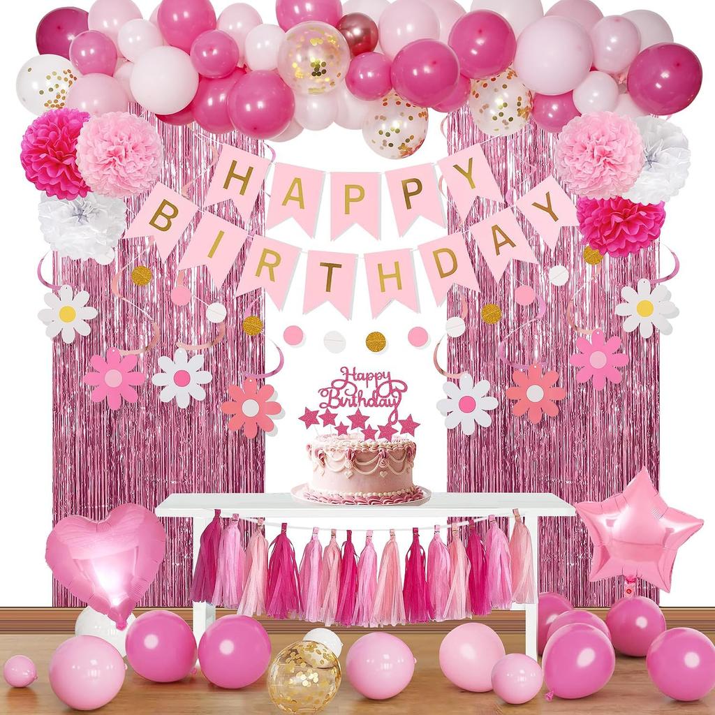 Pink Red Party Decorations kits for Girls Women with Happy Birthday Banner,