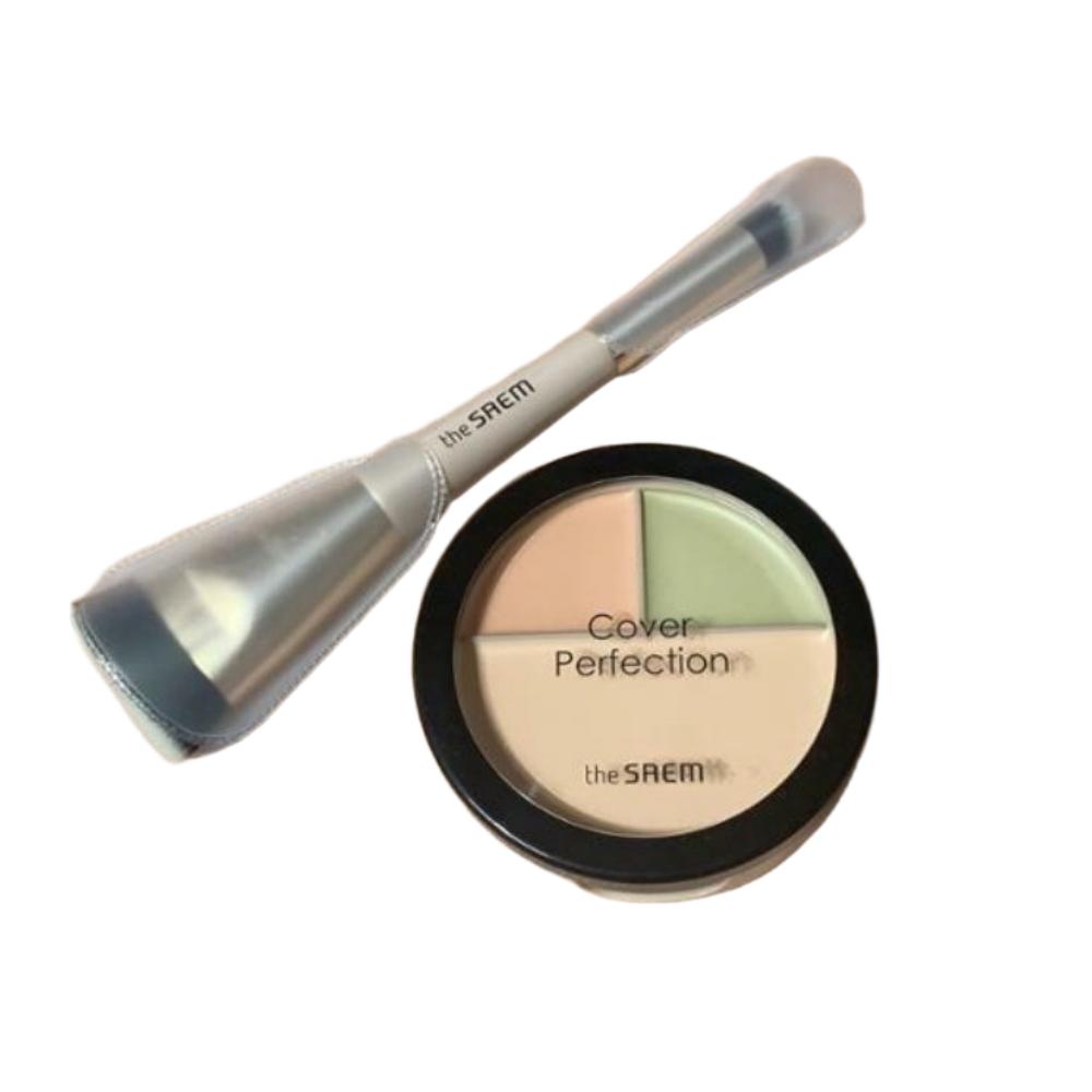 The Saem Cover Perfection Triple Foundation Balm (Clear Beige) - Includes Dual-Ended Foundation & Concealer Brush, 14.5g