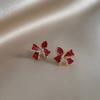 Red Zircon Crystal Bow Stud Earrings for Women Heart Shape Bowknot Earring Girl New Year Festival Jewelry