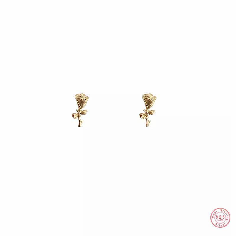 925 Sterling Silver Simple Rose Flower Earrings Women Exquisite Sweet Wedding Party 14k Real Gold Plating Jewelry Gift