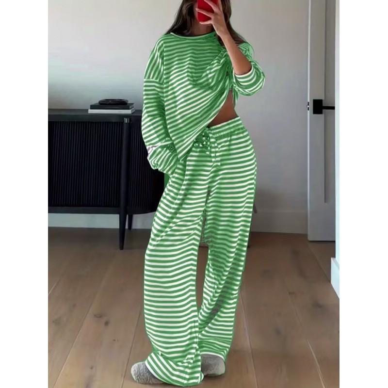 Women's Clothing Stripe Long-sleeved Top High-waist Trousers Fashion Casual Suit Women