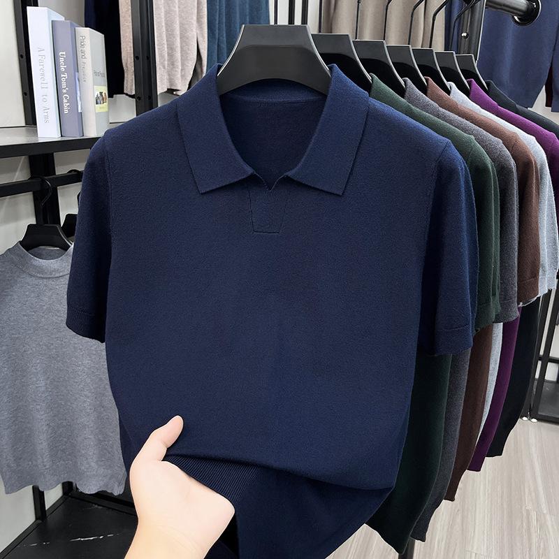 Men S Short Sleeve Turn Down Collar Knit Sweater Thin Casual Top