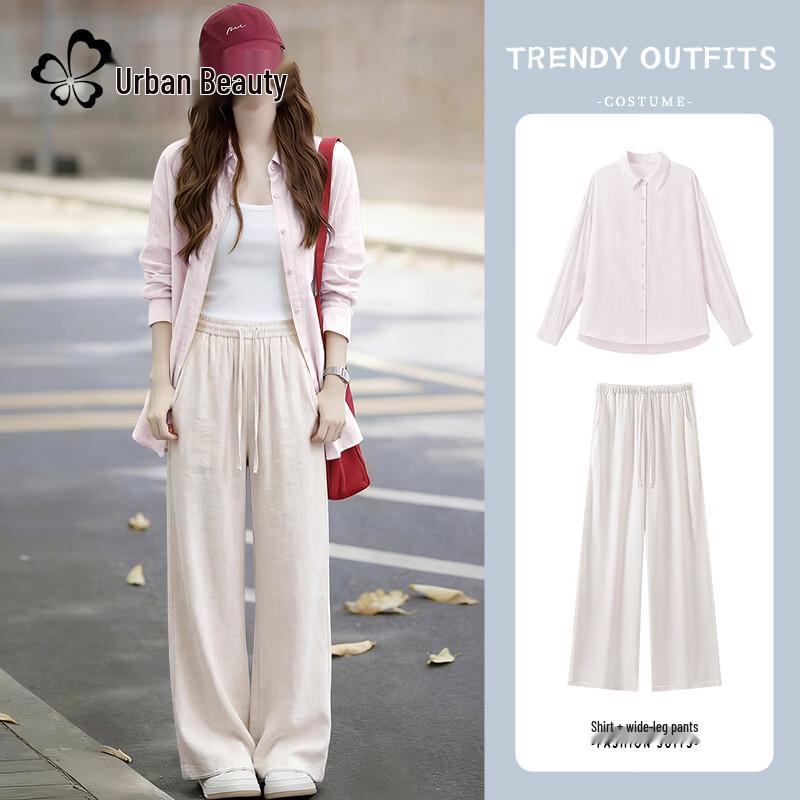 Women s Linen Blend Polo Shirt & Long Pants Set M