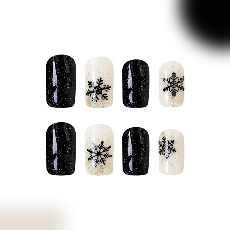 Press On Nail Black and White Snowflake Nails False Nail Stick On Nail for Christmas Parties and Seasonal Event