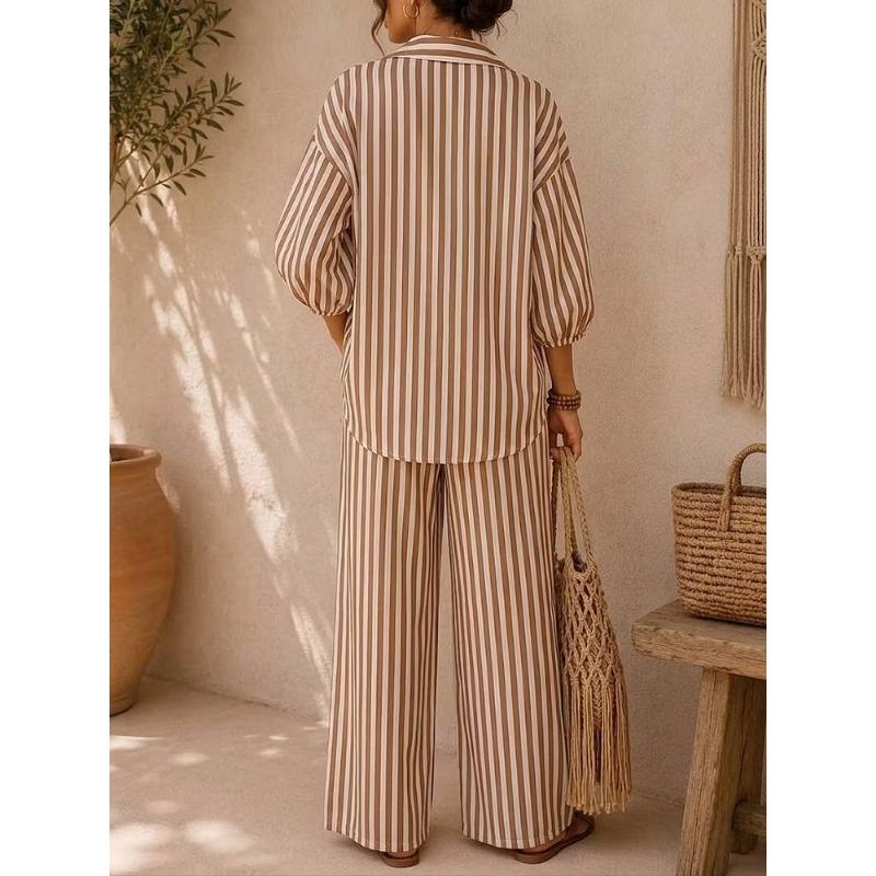 Fashion Striped Women Casual Long Sleeve Shirt Loose Pants Two Piece Set